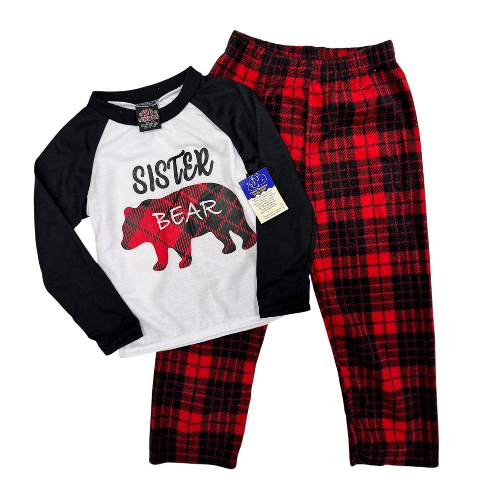 PJs & Presents Kids Sister Bear Buffalo Plaid Pajama Set Red Black White‎ 4/5
